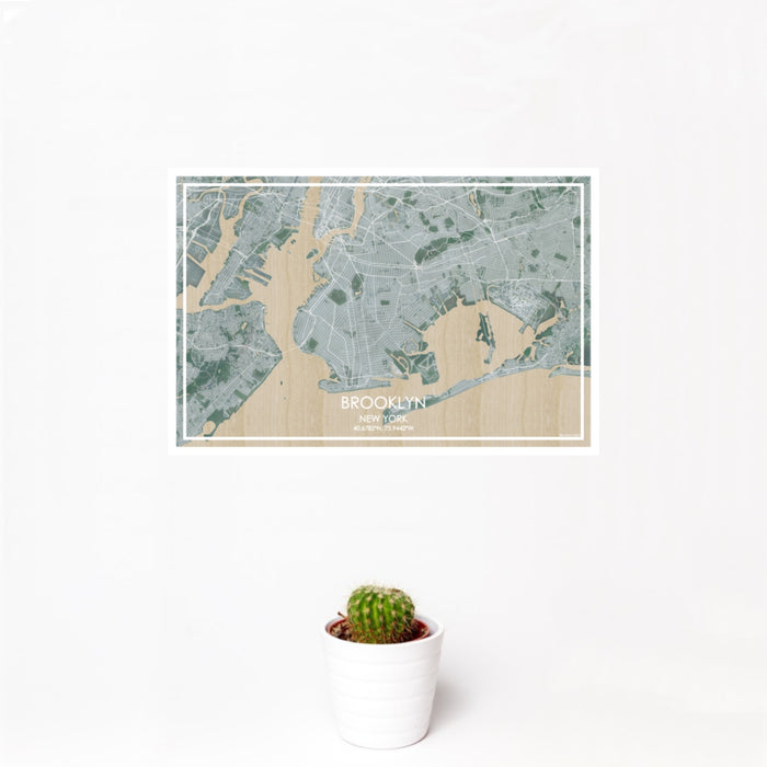 12x18 Brooklyn New York Map Print Landscape Orientation in Afternoon Style With Small Cactus Plant in White Planter