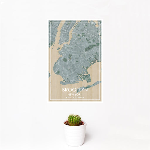12x18 Brooklyn New York Map Print Portrait Orientation in Afternoon Style With Small Cactus Plant in White Planter