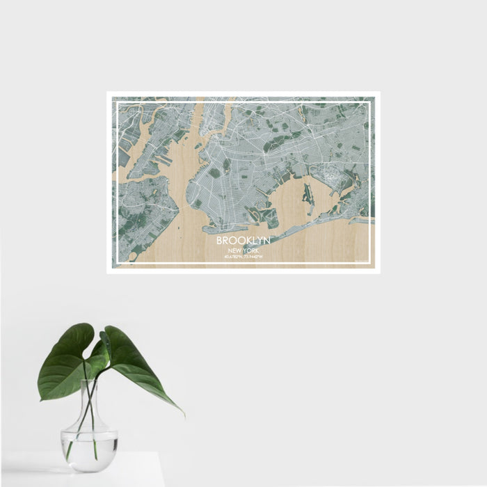 16x24 Brooklyn New York Map Print Landscape Orientation in Afternoon Style With Tropical Plant Leaves in Water