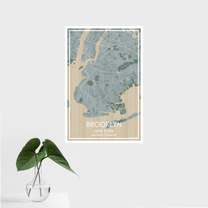 16x24 Brooklyn New York Map Print Portrait Orientation in Afternoon Style With Tropical Plant Leaves in Water