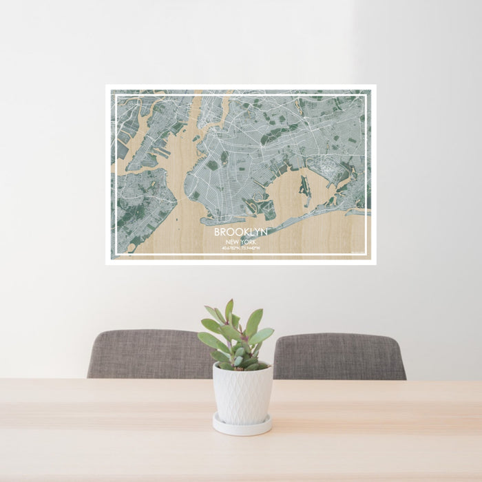 24x36 Brooklyn New York Map Print Lanscape Orientation in Afternoon Style Behind 2 Chairs Table and Potted Plant