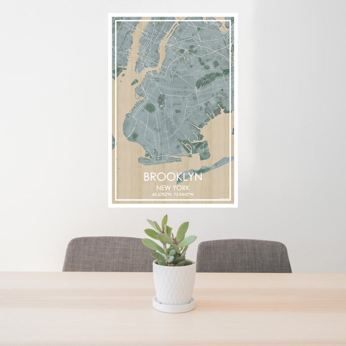 24x36 Brooklyn New York Map Print Portrait Orientation in Afternoon Style Behind 2 Chairs Table and Potted Plant