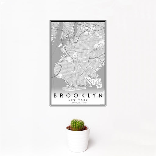 12x18 Brooklyn New York Map Print Portrait Orientation in Classic Style With Small Cactus Plant in White Planter