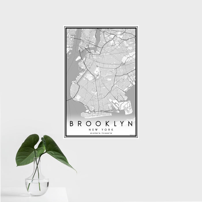 16x24 Brooklyn New York Map Print Portrait Orientation in Classic Style With Tropical Plant Leaves in Water