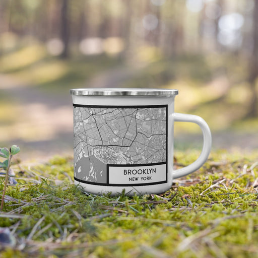 Right View Custom Brooklyn New York Map Enamel Mug in Classic on Grass With Trees in Background