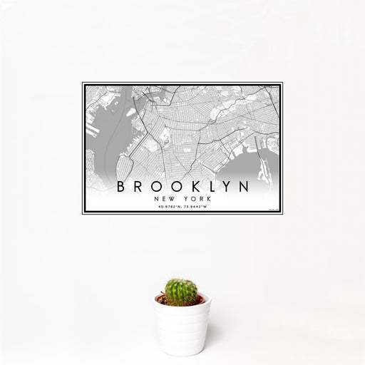 12x18 Brooklyn New York Map Print Landscape Orientation in Classic Style With Small Cactus Plant in White Planter