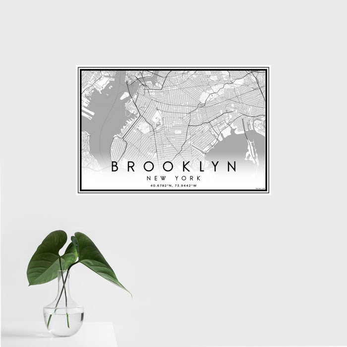 16x24 Brooklyn New York Map Print Landscape Orientation in Classic Style With Tropical Plant Leaves in Water
