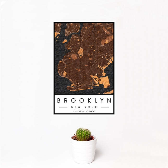 12x18 Brooklyn New York Map Print Portrait Orientation in Ember Style With Small Cactus Plant in White Planter