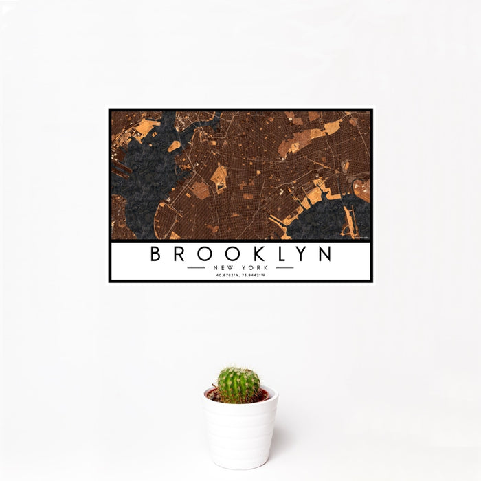 12x18 Brooklyn New York Map Print Landscape Orientation in Ember Style With Small Cactus Plant in White Planter