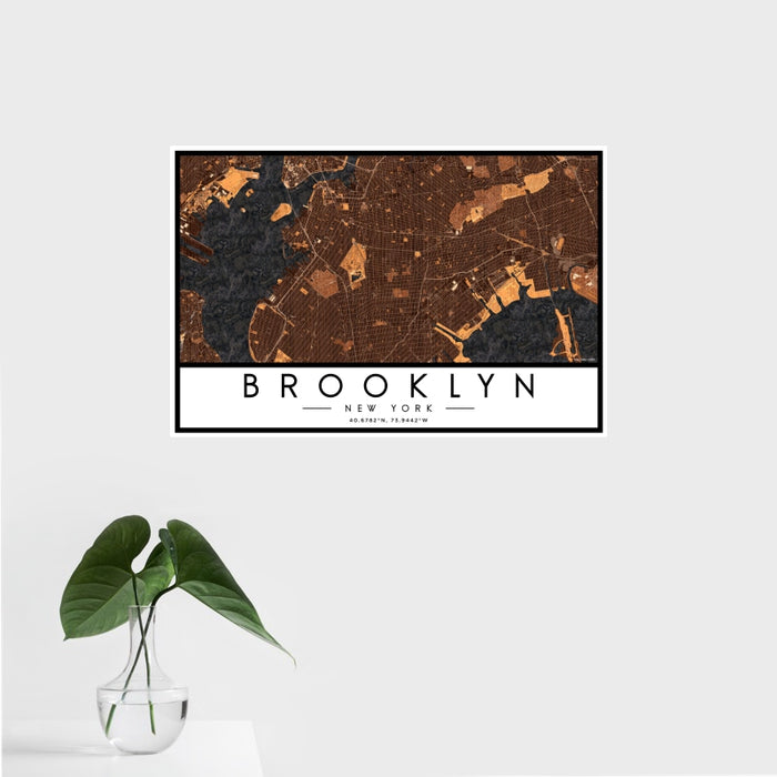 16x24 Brooklyn New York Map Print Landscape Orientation in Ember Style With Tropical Plant Leaves in Water