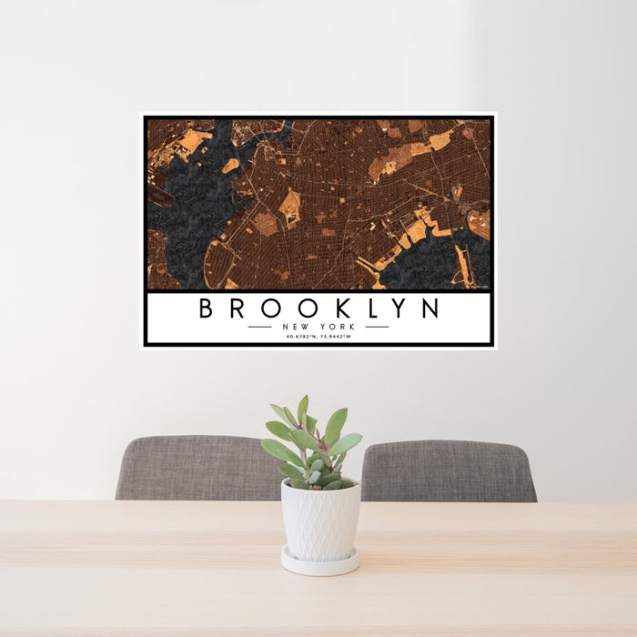 24x36 Brooklyn New York Map Print Landscape Orientation in Ember Style Behind 2 Chairs Table and Potted Plant