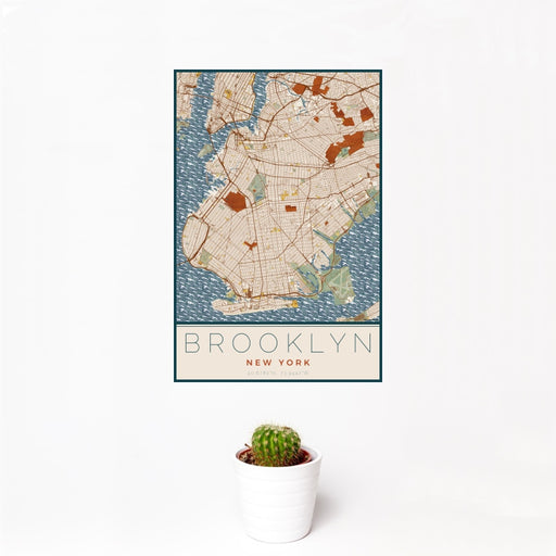 12x18 Brooklyn New York Map Print Portrait Orientation in Woodblock Style With Small Cactus Plant in White Planter