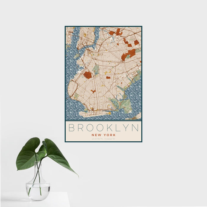 16x24 Brooklyn New York Map Print Portrait Orientation in Woodblock Style With Tropical Plant Leaves in Water