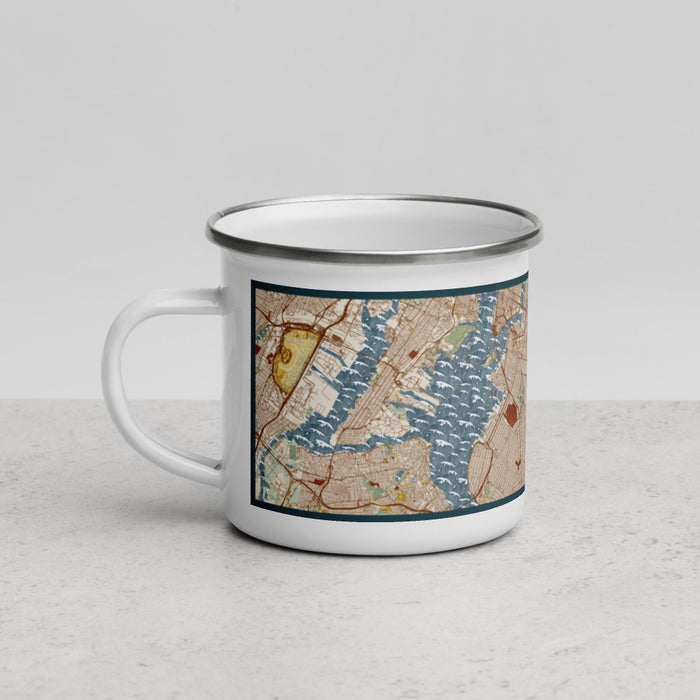Left View Custom Brooklyn New York Map Enamel Mug in Woodblock