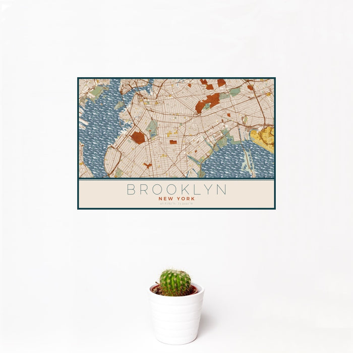 12x18 Brooklyn New York Map Print Landscape Orientation in Woodblock Style With Small Cactus Plant in White Planter