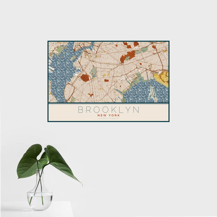 16x24 Brooklyn New York Map Print Landscape Orientation in Woodblock Style With Tropical Plant Leaves in Water