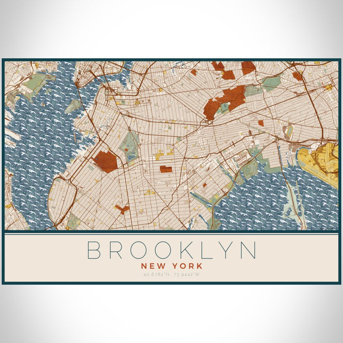 Brooklyn New York Map Print Landscape Orientation in Woodblock Style With Shaded Background