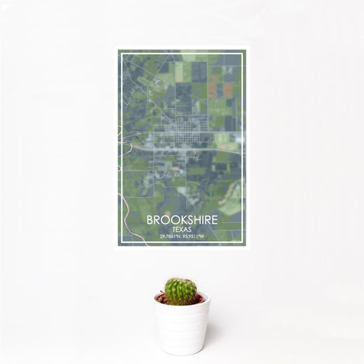 12x18 Brookshire Texas Map Print Portrait Orientation in Afternoon Style With Small Cactus Plant in White Planter