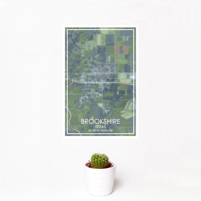 12x18 Brookshire Texas Map Print Portrait Orientation in Afternoon Style With Small Cactus Plant in White Planter