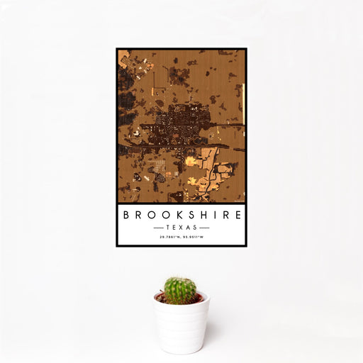 12x18 Brookshire Texas Map Print Portrait Orientation in Ember Style With Small Cactus Plant in White Planter
