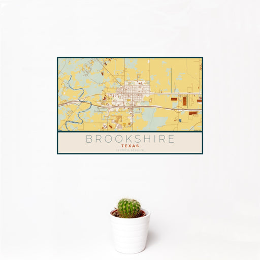 12x18 Brookshire Texas Map Print Landscape Orientation in Woodblock Style With Small Cactus Plant in White Planter