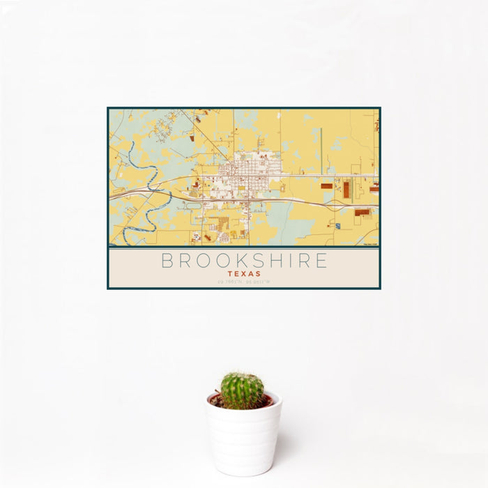 12x18 Brookshire Texas Map Print Landscape Orientation in Woodblock Style With Small Cactus Plant in White Planter