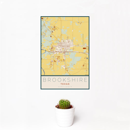 12x18 Brookshire Texas Map Print Portrait Orientation in Woodblock Style With Small Cactus Plant in White Planter