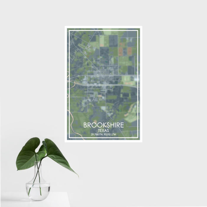 16x24 Brookshire Texas Map Print Portrait Orientation in Afternoon Style With Tropical Plant Leaves in Water