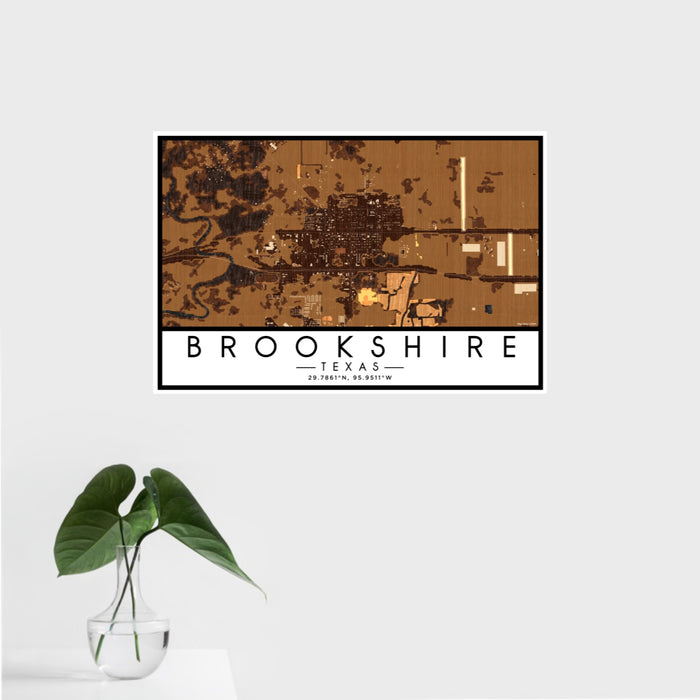 16x24 Brookshire Texas Map Print Landscape Orientation in Ember Style With Tropical Plant Leaves in Water