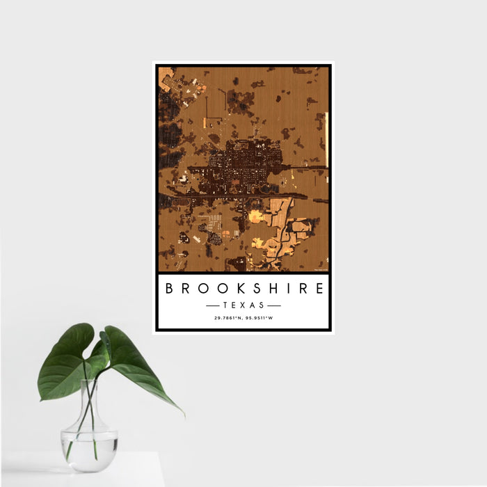 16x24 Brookshire Texas Map Print Portrait Orientation in Ember Style With Tropical Plant Leaves in Water