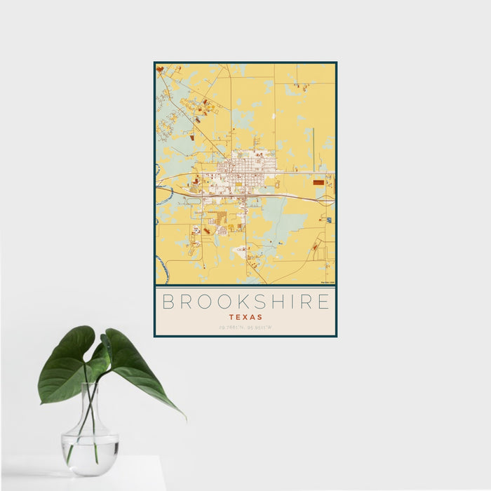 16x24 Brookshire Texas Map Print Portrait Orientation in Woodblock Style With Tropical Plant Leaves in Water
