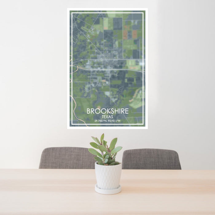 24x36 Brookshire Texas Map Print Portrait Orientation in Afternoon Style Behind 2 Chairs Table and Potted Plant