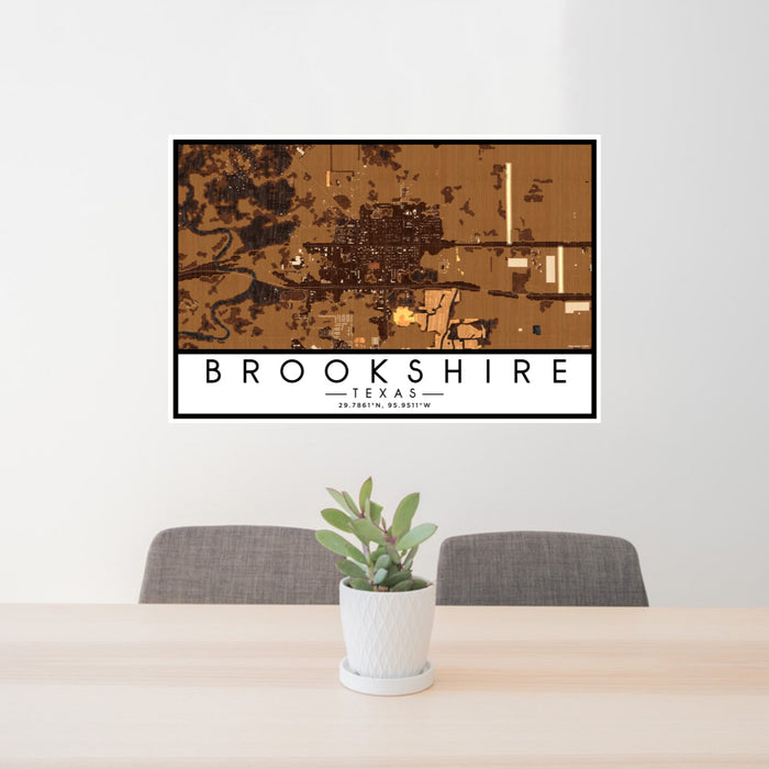 24x36 Brookshire Texas Map Print Lanscape Orientation in Ember Style Behind 2 Chairs Table and Potted Plant