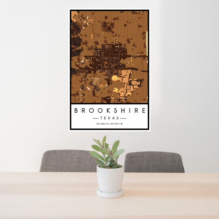 24x36 Brookshire Texas Map Print Portrait Orientation in Ember Style Behind 2 Chairs Table and Potted Plant