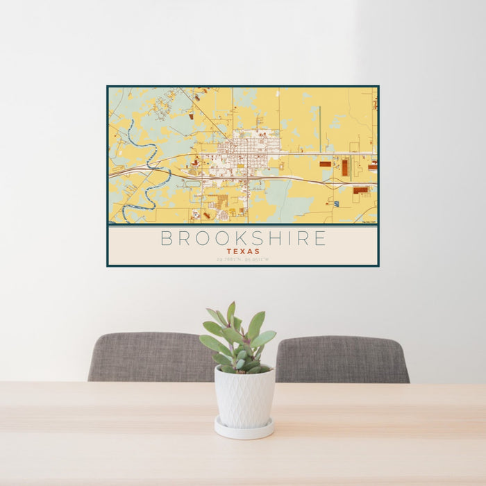 24x36 Brookshire Texas Map Print Lanscape Orientation in Woodblock Style Behind 2 Chairs Table and Potted Plant