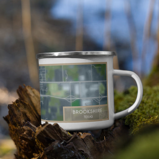 Right View Custom Brookshire Texas Map Enamel Mug in Afternoon on Grass With Trees in Background