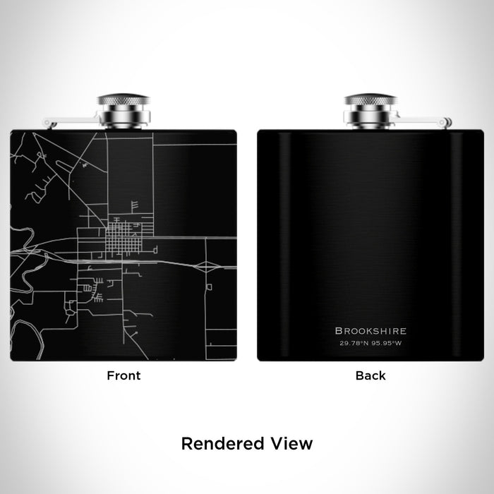 Rendered View of Brookshire Texas Map Engraving on 6oz Stainless Steel Flask in Black
