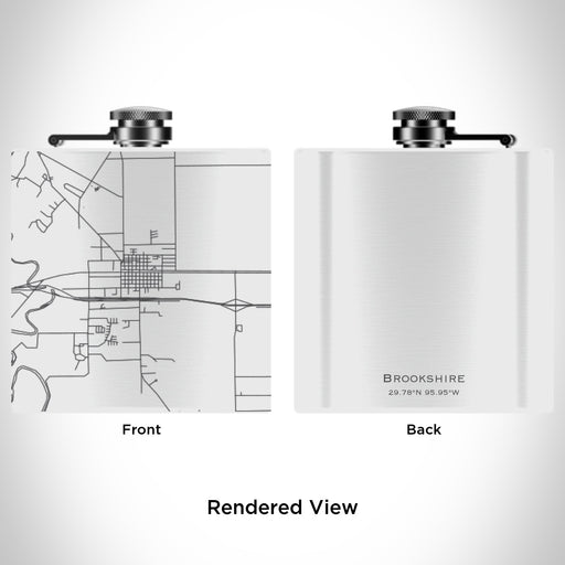 Rendered View of Brookshire Texas Map Engraving on 6oz Stainless Steel Flask in White