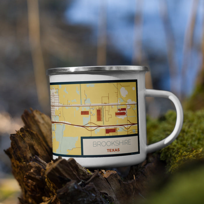 Right View Custom Brookshire Texas Map Enamel Mug in Woodblock on Grass With Trees in Background