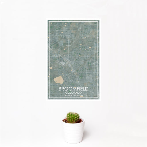 12x18 Broomfield Colorado Map Print Portrait Orientation in Afternoon Style With Small Cactus Plant in White Planter