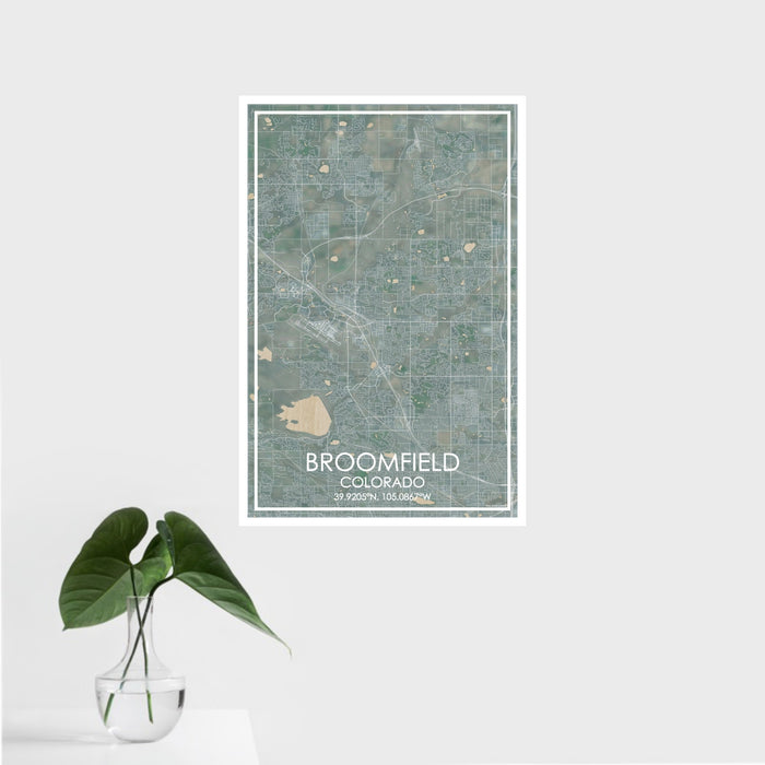 16x24 Broomfield Colorado Map Print Portrait Orientation in Afternoon Style With Tropical Plant Leaves in Water