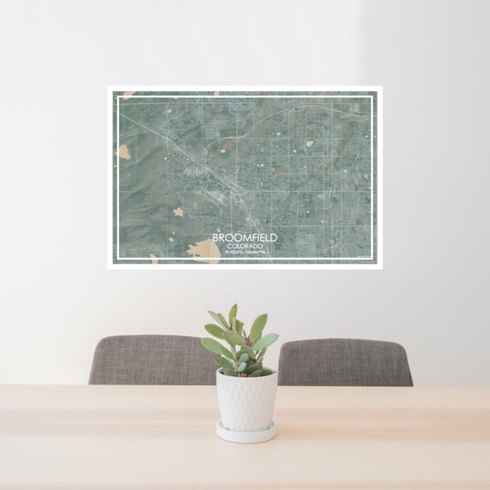 24x36 Broomfield Colorado Map Print Lanscape Orientation in Afternoon Style Behind 2 Chairs Table and Potted Plant
