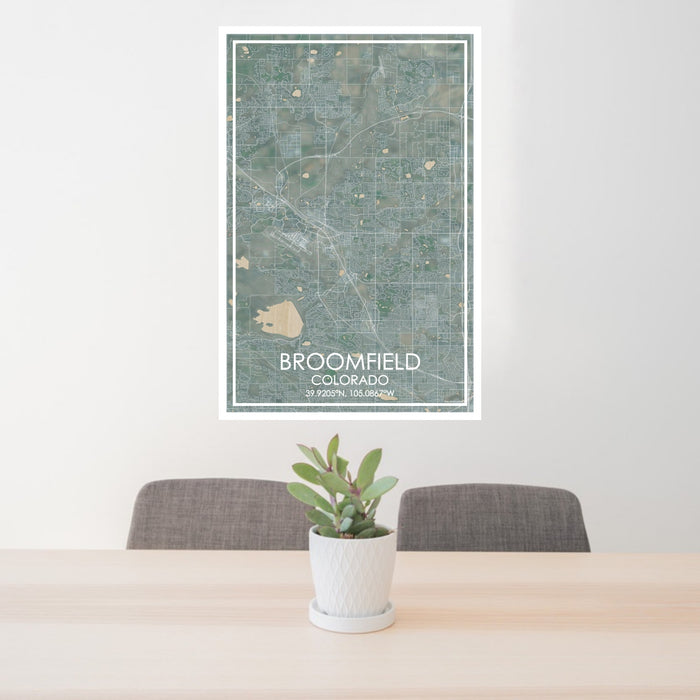 24x36 Broomfield Colorado Map Print Portrait Orientation in Afternoon Style Behind 2 Chairs Table and Potted Plant