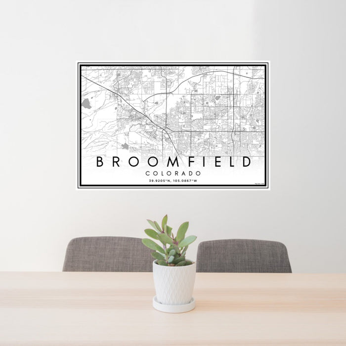 24x36 Broomfield Colorado Map Print Landscape Orientation in Classic Style Behind 2 Chairs Table and Potted Plant