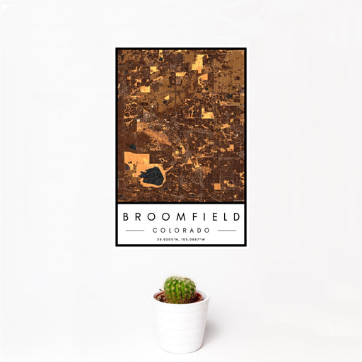 12x18 Broomfield Colorado Map Print Portrait Orientation in Ember Style With Small Cactus Plant in White Planter