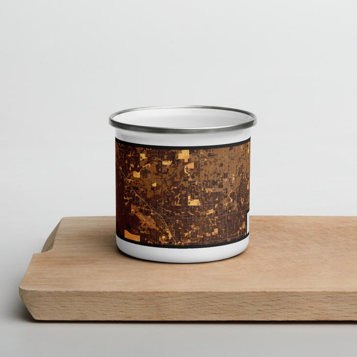 Front View Custom Broomfield Colorado Map Enamel Mug in Ember on Cutting Board