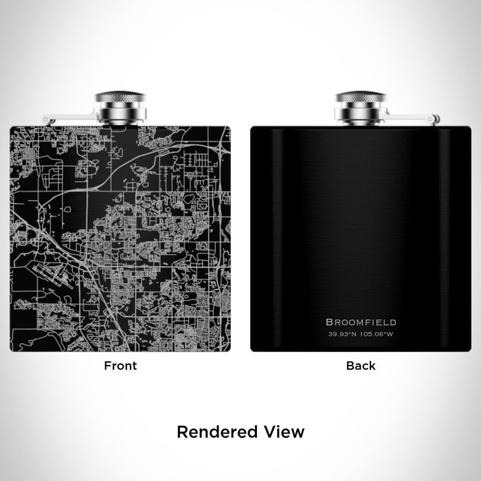 Rendered View of Broomfield Colorado Map Engraving on 6oz Stainless Steel Flask in Black