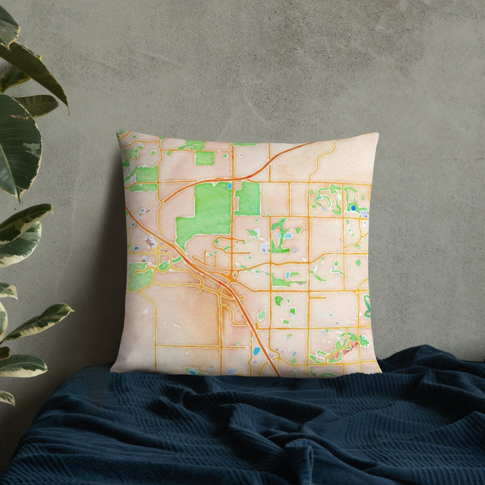 Custom Broomfield Colorado Map Throw Pillow in Watercolor on Bedding Against Wall