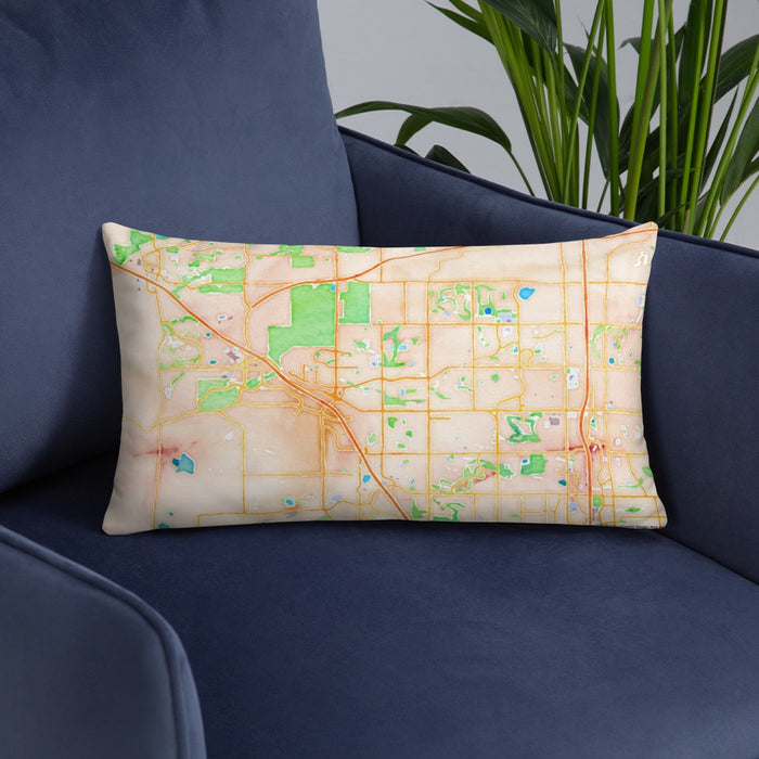 Custom Broomfield Colorado Map Throw Pillow in Watercolor on Blue Colored Chair