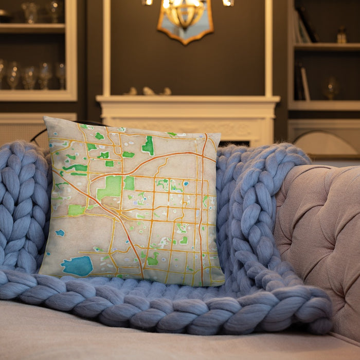 Custom Broomfield Colorado Map Throw Pillow in Watercolor on Cream Colored Couch